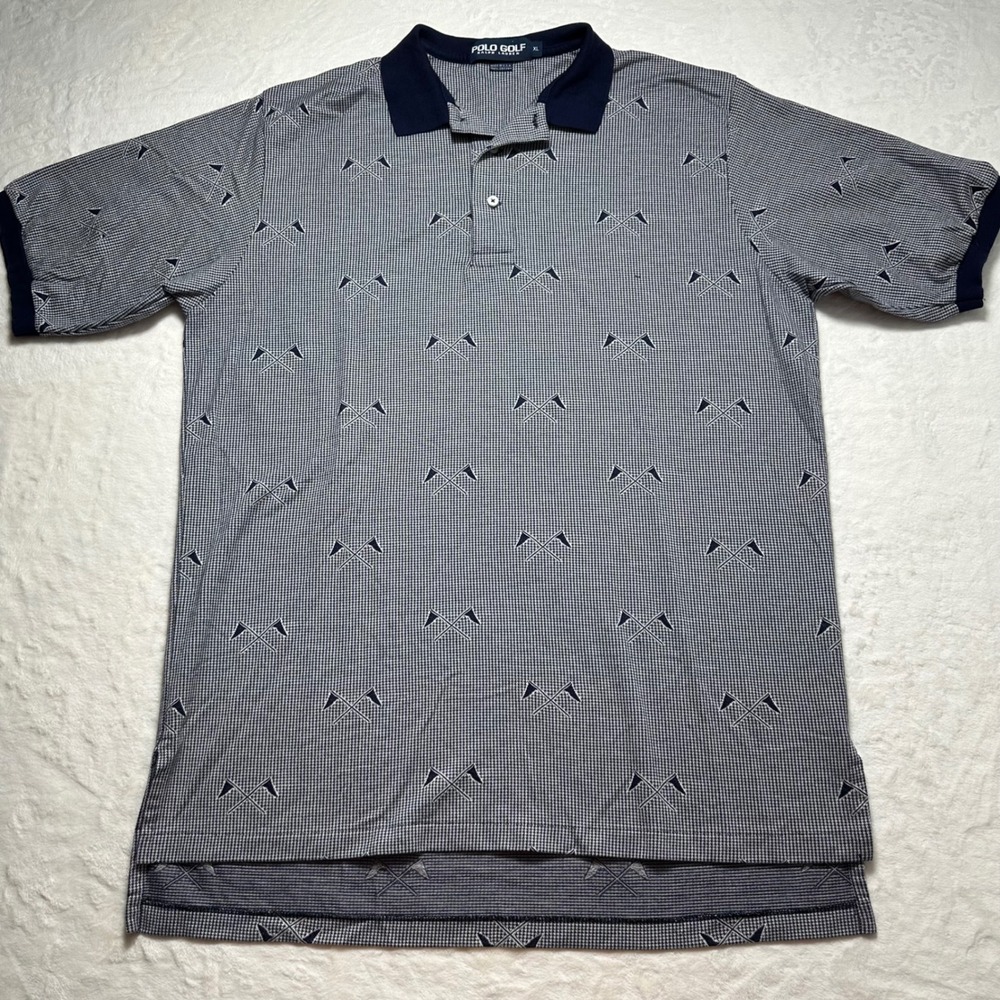 Vintage Ralph Lauren Polo Golf Shirt Flag Print Preppy‎ Made in USA Mens Size XL